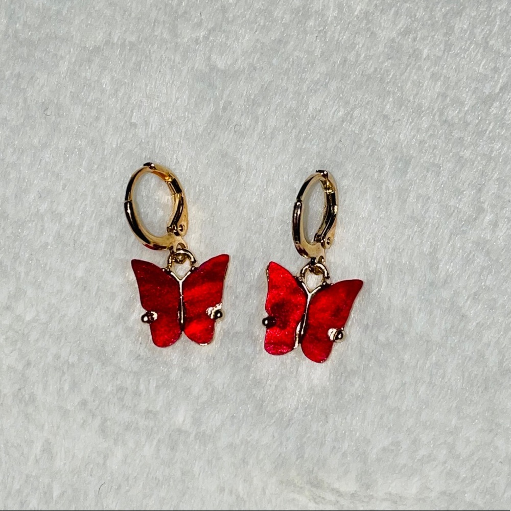 Cherry Red Butterfly Earrings - Picture 3 of 4
